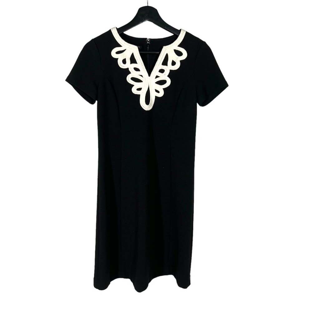 Talbots Black White Textured Short Sleeve Sheath Below Knee Dress Small Petite